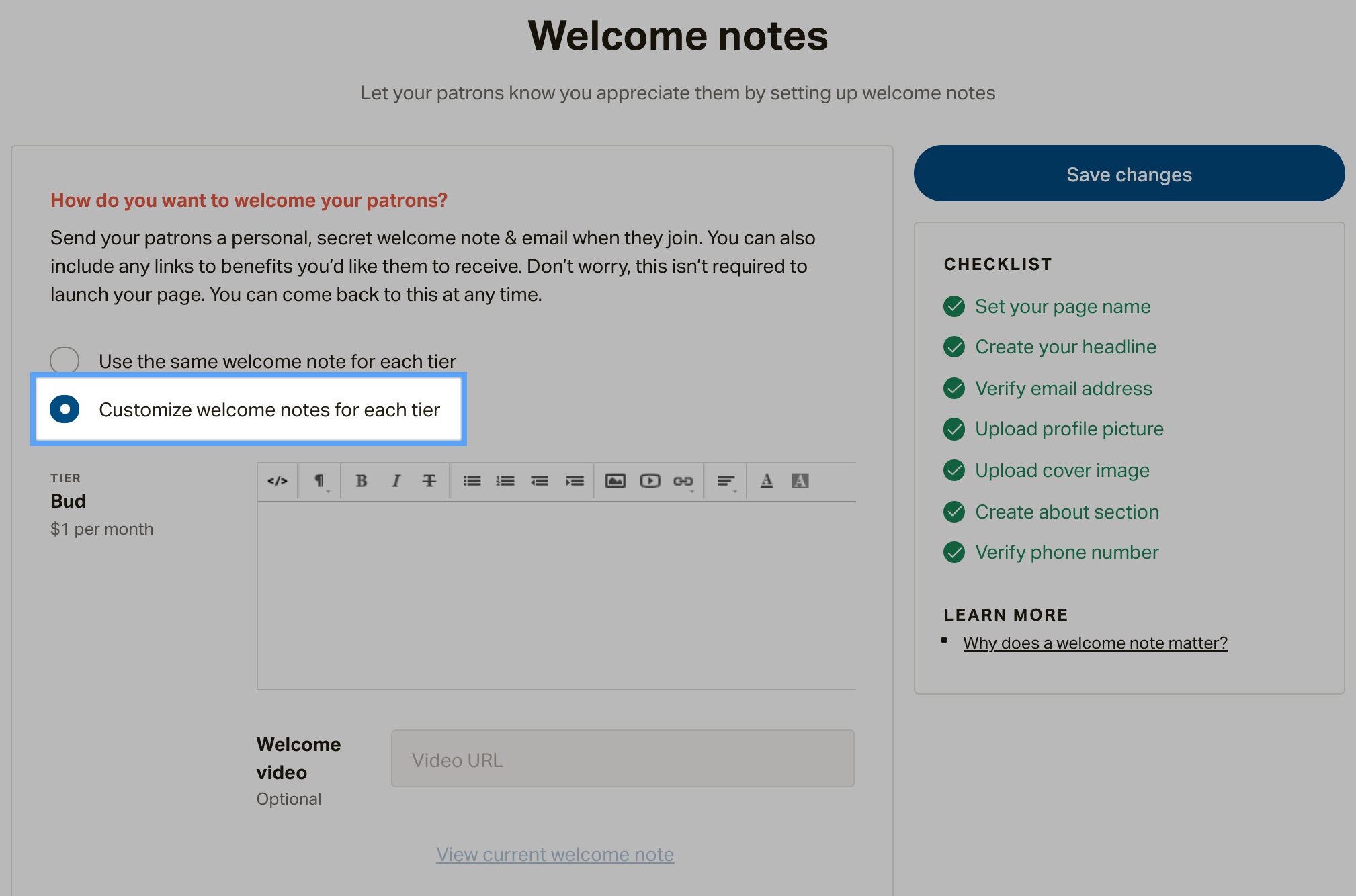 Make tiered welcome notes – Patreon Help Center